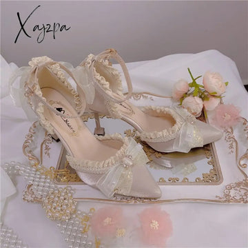 Xajzpa - Lolita High Heels Stiletto Sexy Women Shoes French Style Cosplay Ladies Mesh Bowknot Pumps
